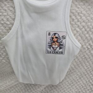 White Ribbed Tank with Tarot-Inspired 'La Cancer' Graphic